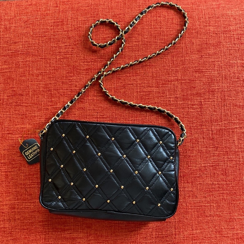 VTG Black Studded Quilted Leather Purse Gold Woven Chain Strap